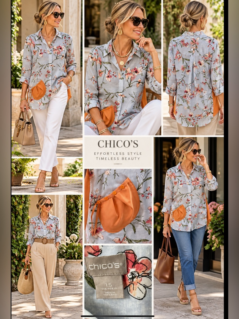 Chico’s Floral Tunic Blouse Size 1.5 US 10 Orange Contrast Pocket Boho lagenlook